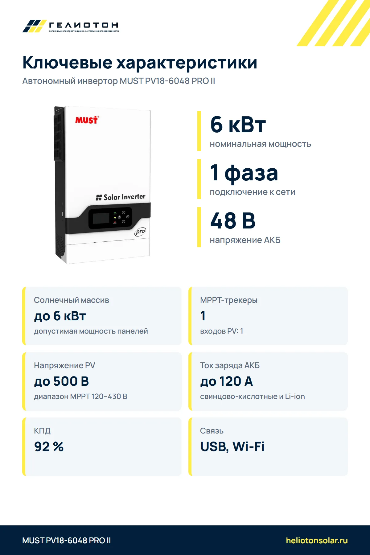 Автономный инвертор MUST PV18-6048 PRO II 2 выхода, 6 кВт, 1-фазный