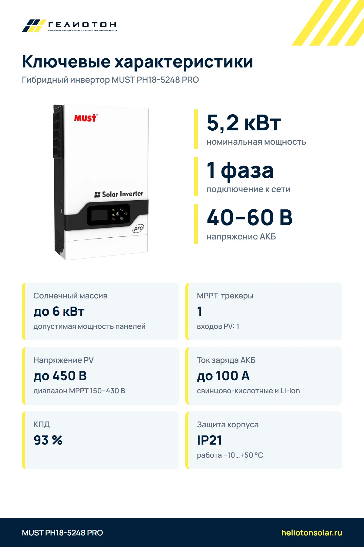 Гибридный инвертор MUST PH18-5248 PRO, 5,2 кВт, 1-фазный