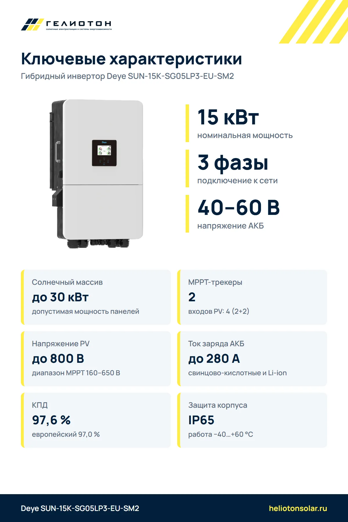 Гибридный инвертор Deye SUN-15K-SG05LP3-EU-SM2, 15 кВт, 3-фазный