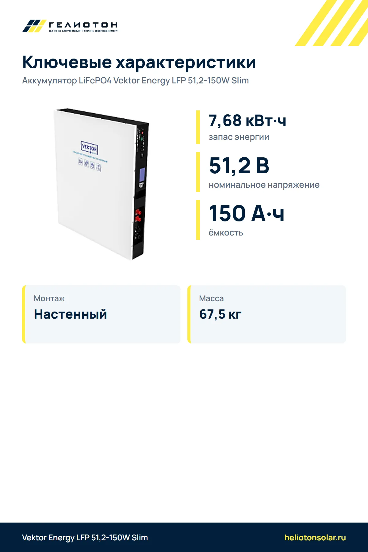 Аккумулятор Vektor Energy LFP 51,2-150W Slim LiFePO4, 51,2 В, 150 А·ч, 7,68 кВт·ч