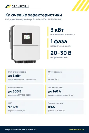 Гибридный инвертор Deye SUN-3K-SG04LP1-24-EU-SM1, 3 кВт, 1-фазный