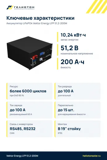 Аккумулятор Vektor Energy LFP 51,2-200M LiFePO4, 51,2 В, 200 А·ч, 10,24 кВт·ч