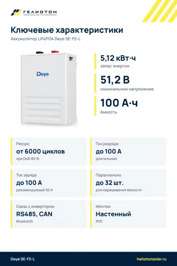 Аккумулятор Deye SE-F5-L LiFePO4, 51,2 В, 100 А·ч, 5,12 кВт·ч