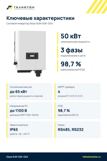 Сетевой инвертор Deye SUN-50K-G04, 50 кВт, 3-фазный