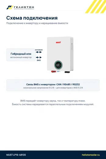Аккумулятор MUST LP16-48100 LiFePO4, 51,2 В, 100 А·ч, 5,12 кВт·ч