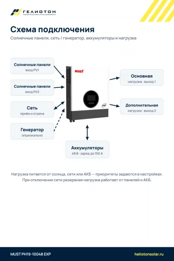 Гибридный инвертор MUST PH19-10048 EXP 2 выхода, 10 кВт, 1-фазный