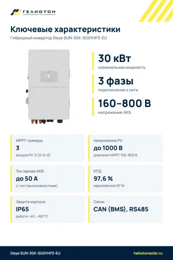Гибридный инвертор Deye SUN-30K-SG01HP3-EU, 30 кВт, 3-фазный