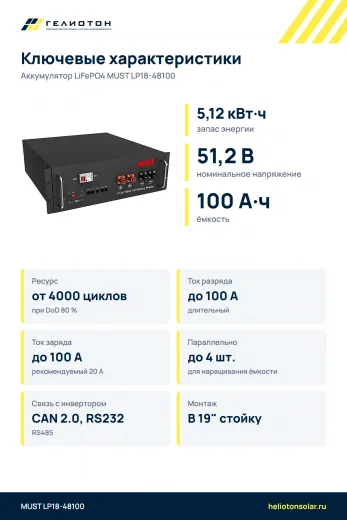 Аккумулятор MUST LP18-48100 LiFePO4, 51,2 В, 100 А·ч, 5,12 кВт·ч