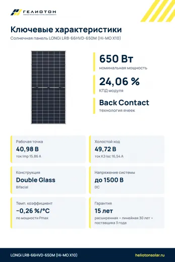 Солнечная панель LONGi Hi-MO X10 LR8-66HVD-650M 650 Вт Back Contact Bifacial
